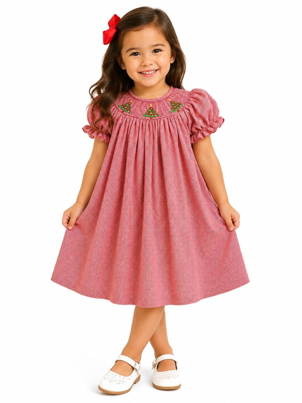 Hand Smocked Girls Red Smocked Christmas Tree Dress